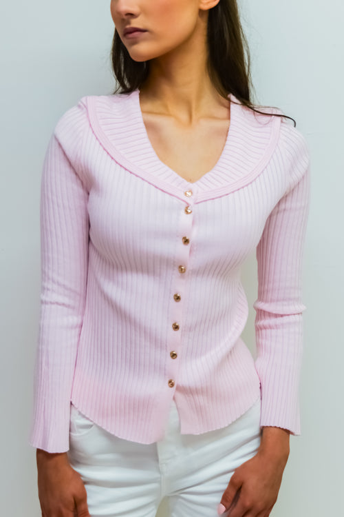 Baby Pink Button Detail Rib Knit Top