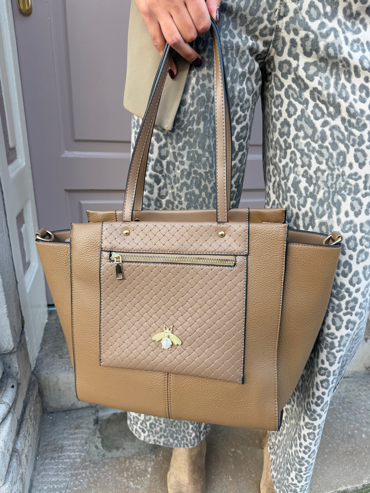 Gold Bee Detail Shoulder Tote Handbag