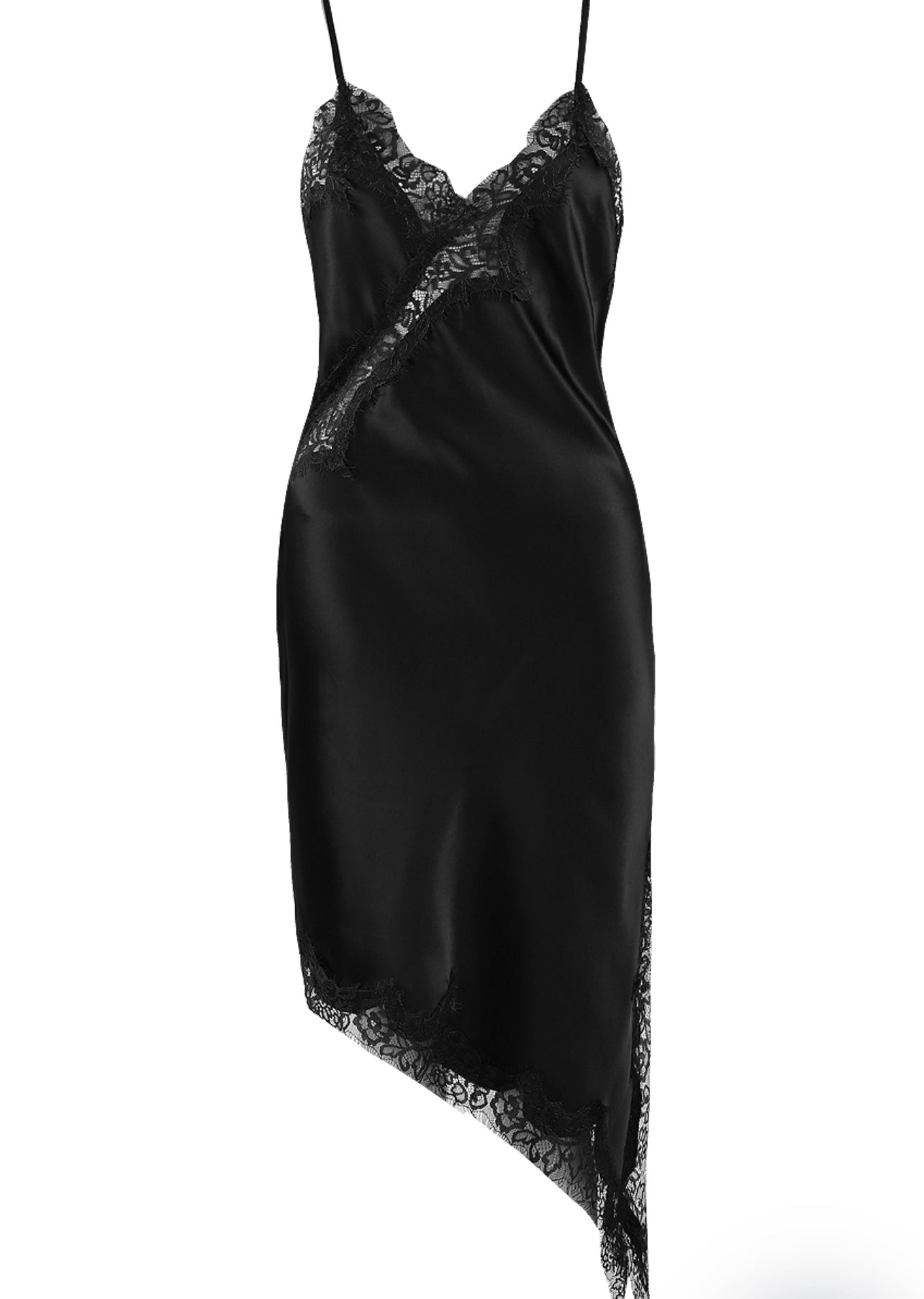 Black Satin Lace Asymmetric Hem Dress