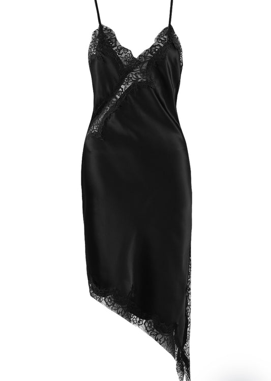 Black Satin Lace Asymmetric Hem Dress