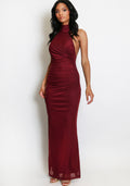 Wine Ruched Halter Neck Maxi Dress