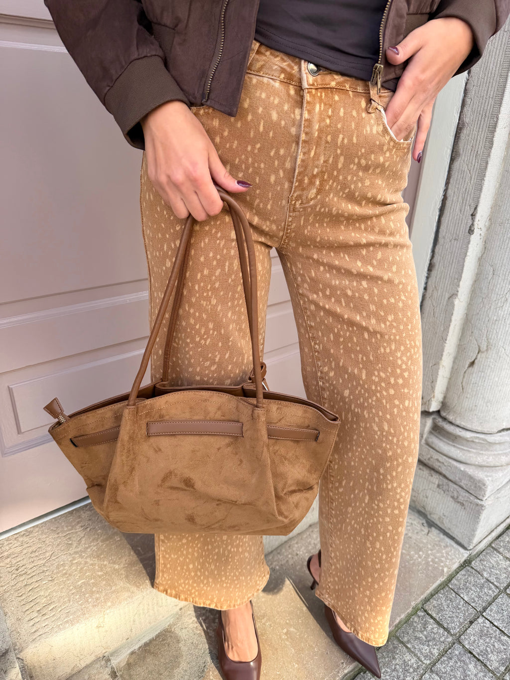 Camel Suede Look Belted Detail Shoulder Tote Bag