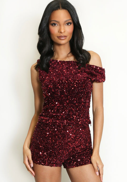 Wine Sequin One Shoulder Crop Top