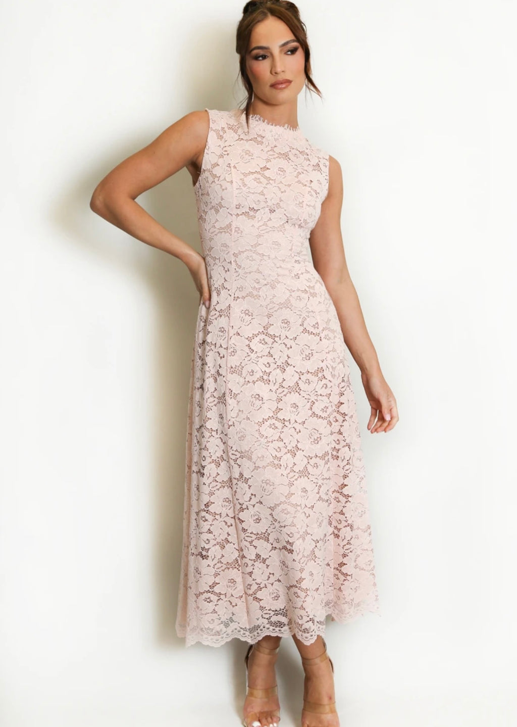 Pink Sleeveless Lace Maxi Dress