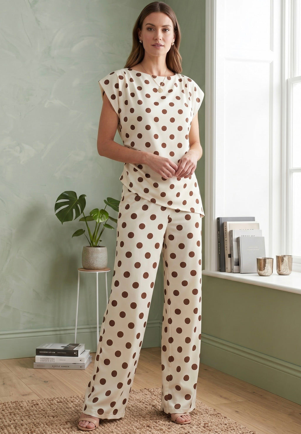 Cream Polka Dot Asymmetric Top And Trouser Set