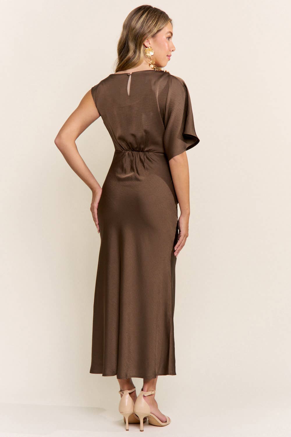 Brown Satin Dress With Detail On The Shoulder