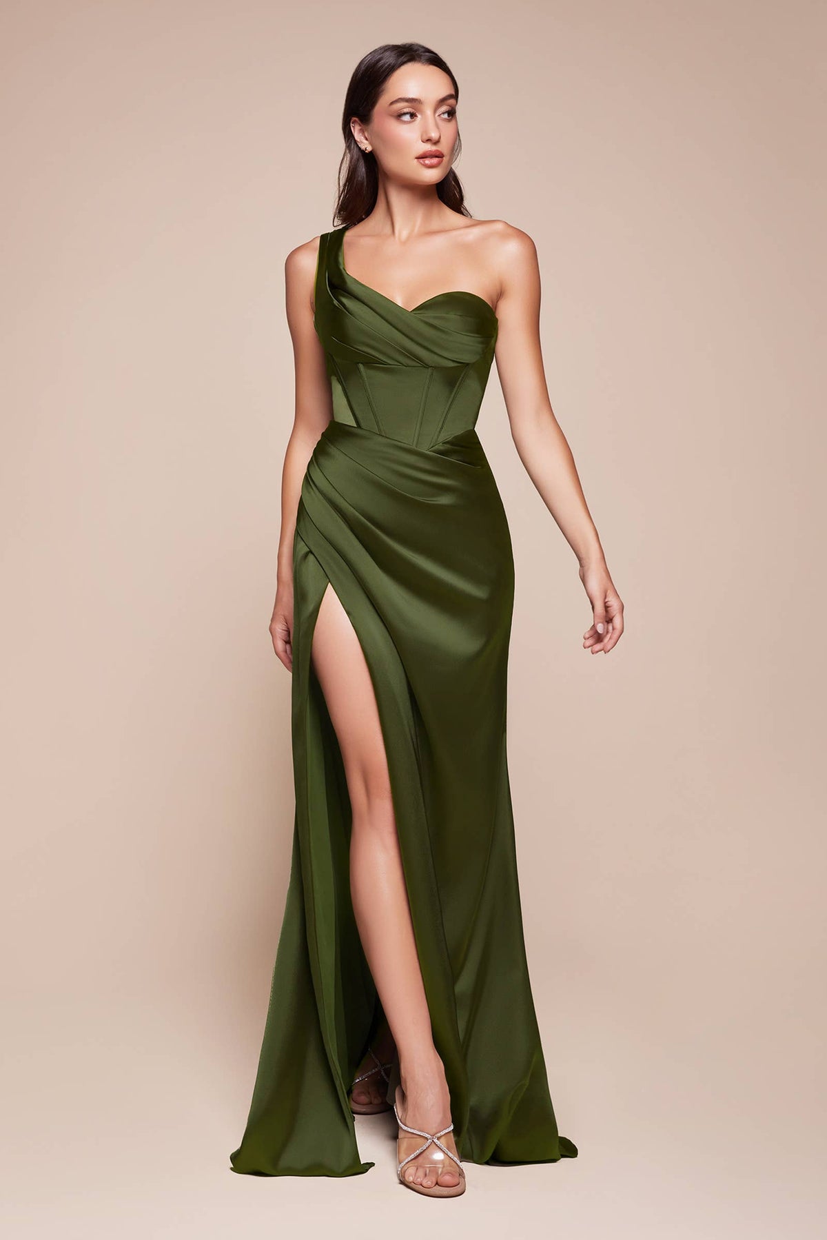 ONE SHOULDER SATIN CORSET GOWN
: Espresso / 10