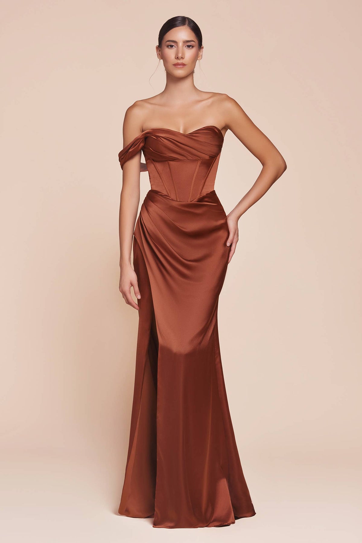 ONE SHOULDER SATIN CORSET GOWN
: Espresso / 10