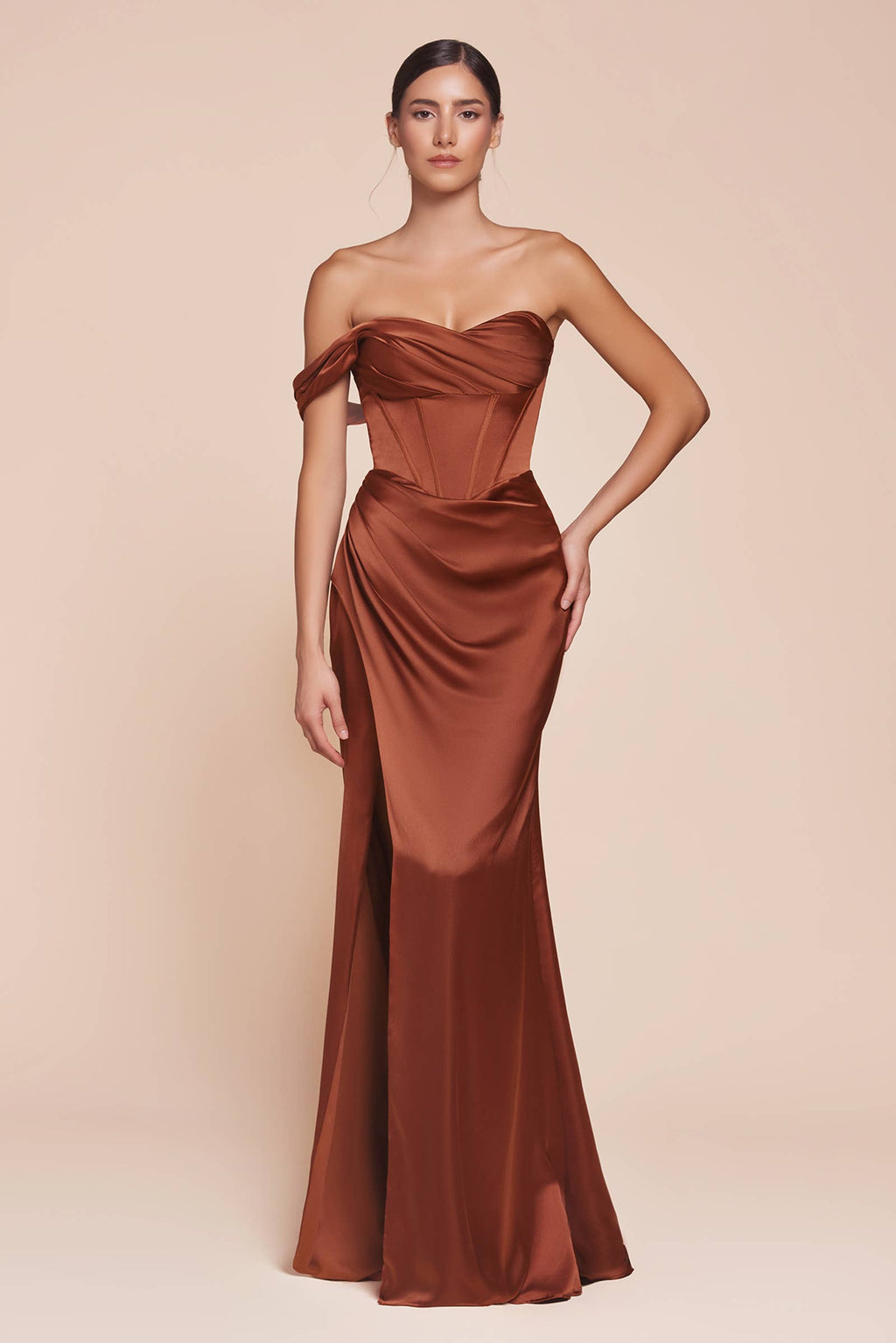 ONE SHOULDER SATIN CORSET GOWN
: Espresso / 6