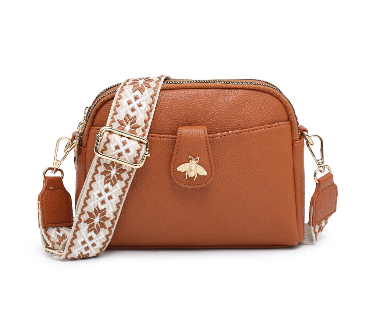 Bee Cross Body Handbag with Double Zip Top Sections