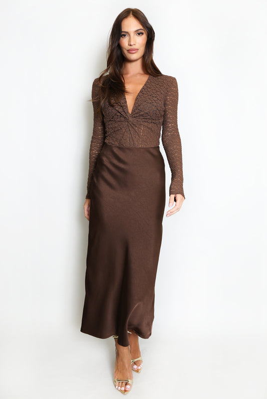 Brown Textured Satin Skirt
