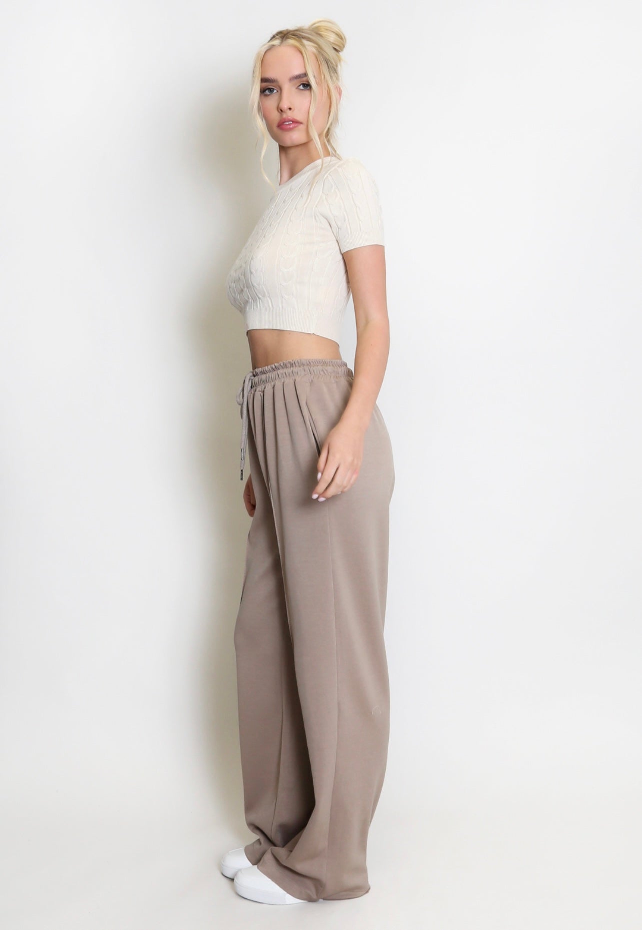 Taupe Elasticated Waist Wide Leg Jogger Trousers