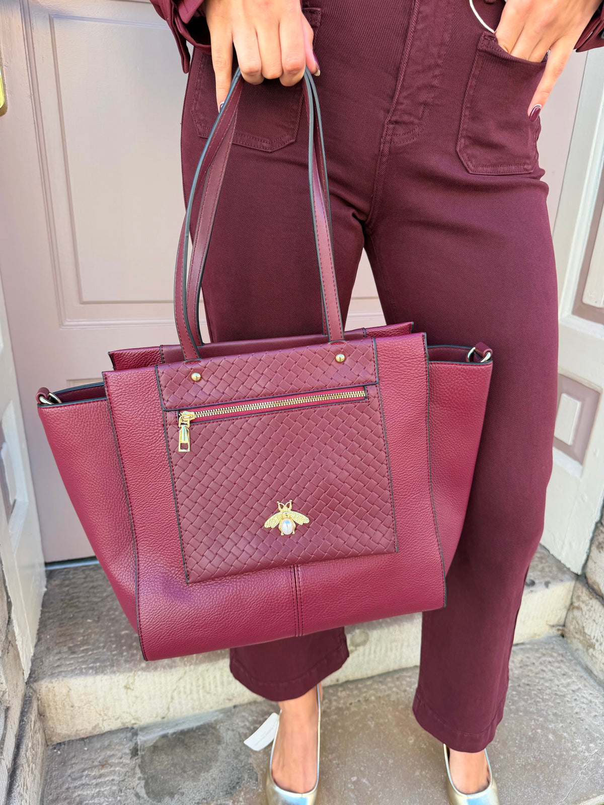 Gold Bee Detail Shoulder Tote Handbag