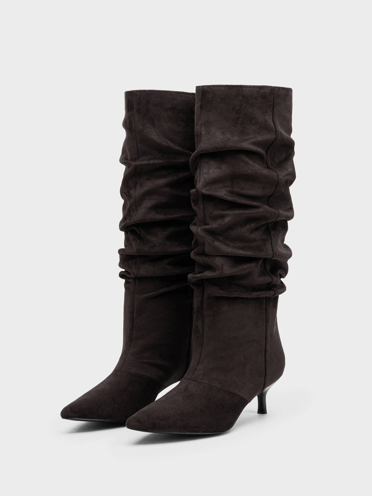 Brown Slouchy Knee High Boots, Pointed Toe, Kitten Heel
