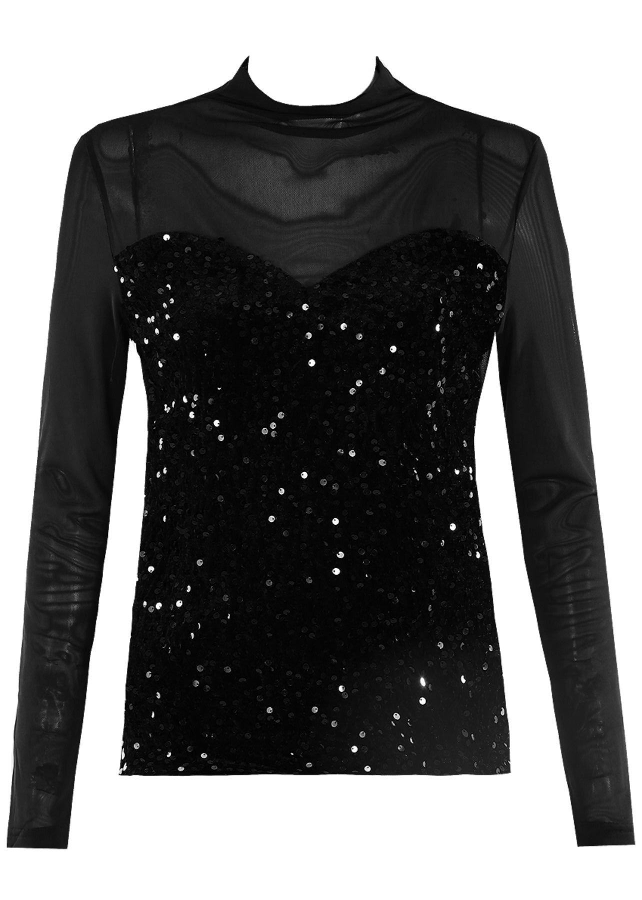 Black Mesh Sequin Long Sleeve Top