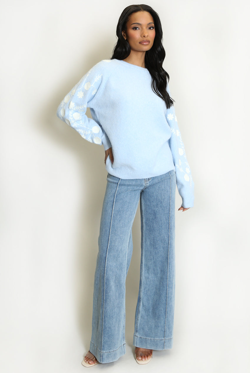 Blue Embroidered Sleeve Fluffy Knit Jumper