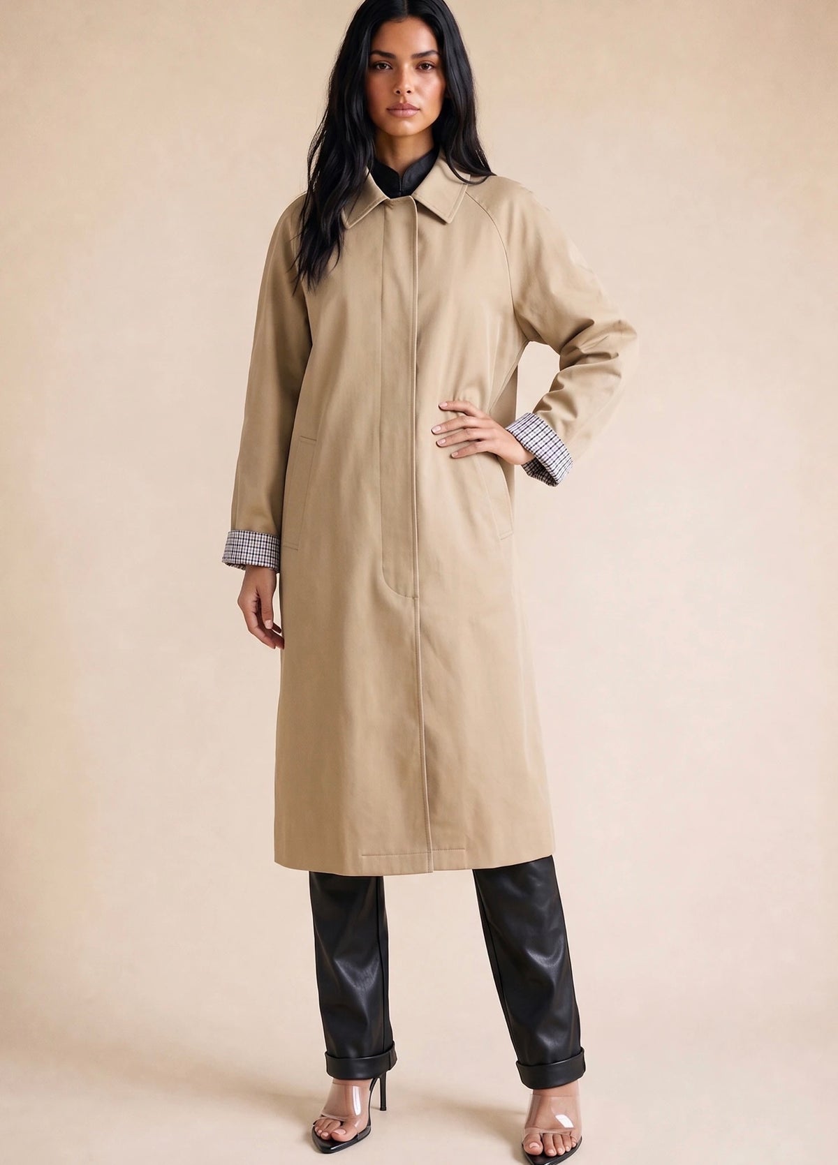 Camel Trench Coat With Check Print Turn Up Cuffs