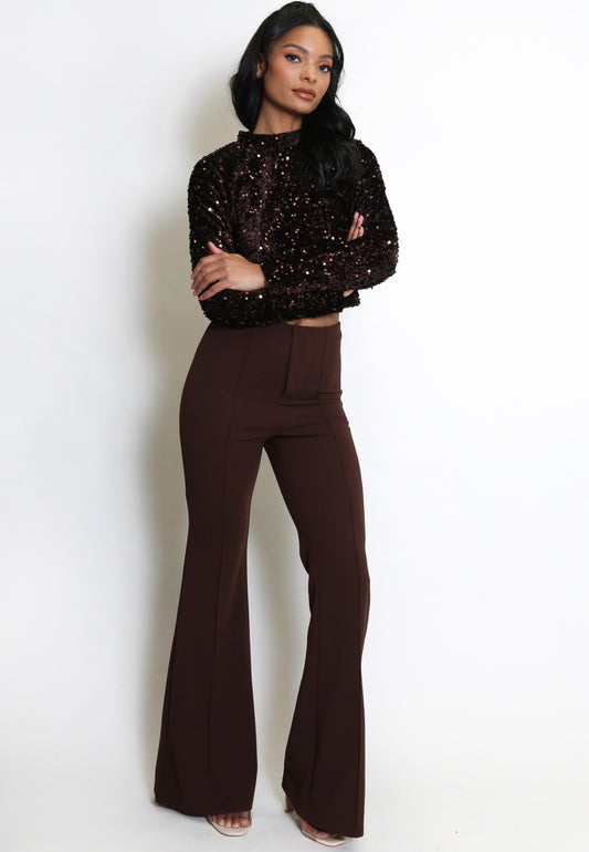 Brown Seam Front Flare Trouser