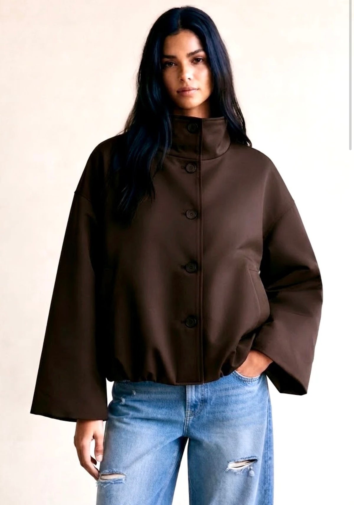 Brown Funnel Neck Button Up Oversized Coat