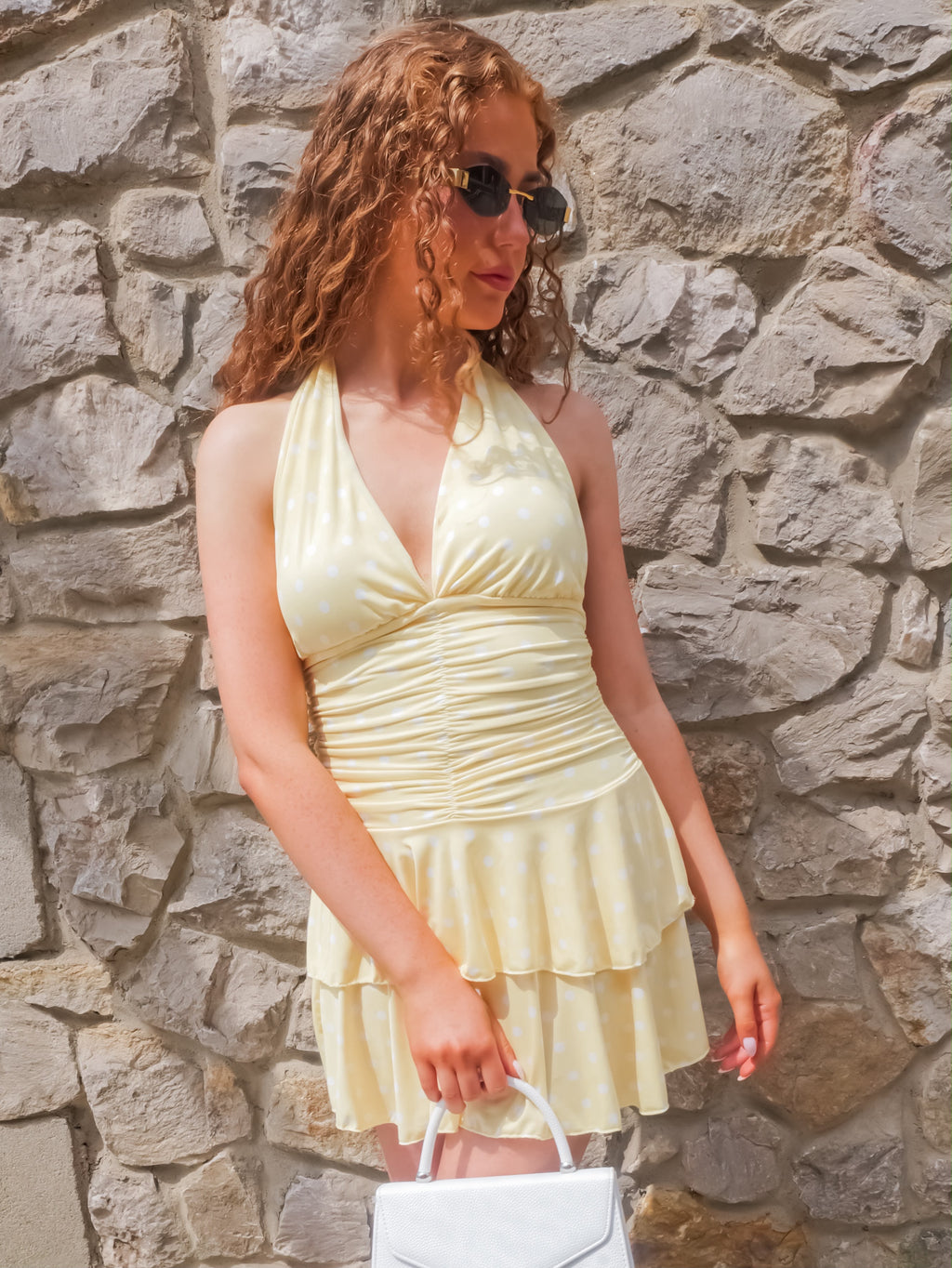 Lemon Polka Dot Frill Halter Neck Mini Dress