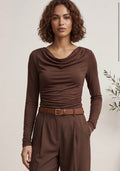 Brown Boat Neck Long Sleeve Top