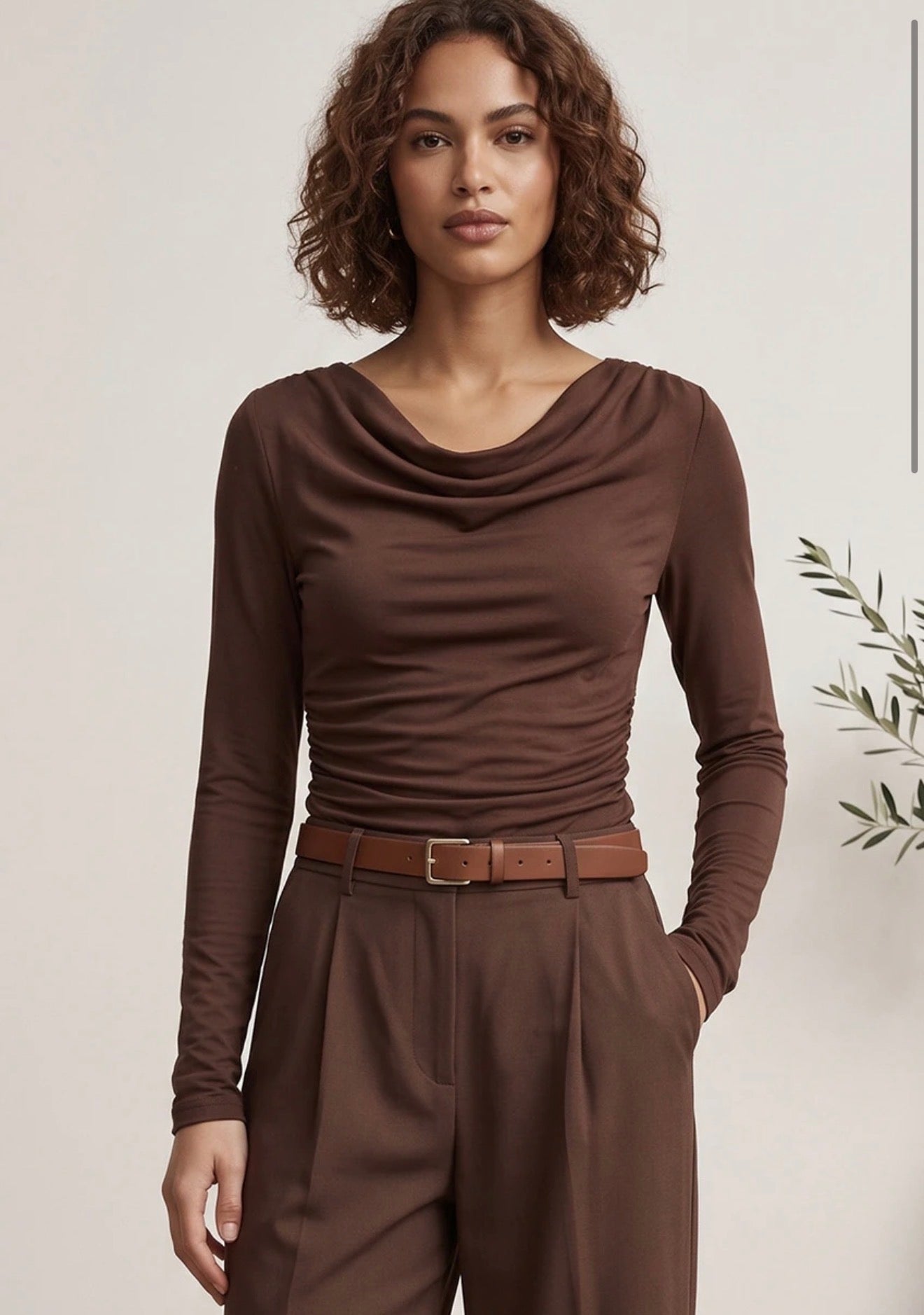 Brown Boat Neck Long Sleeve Top