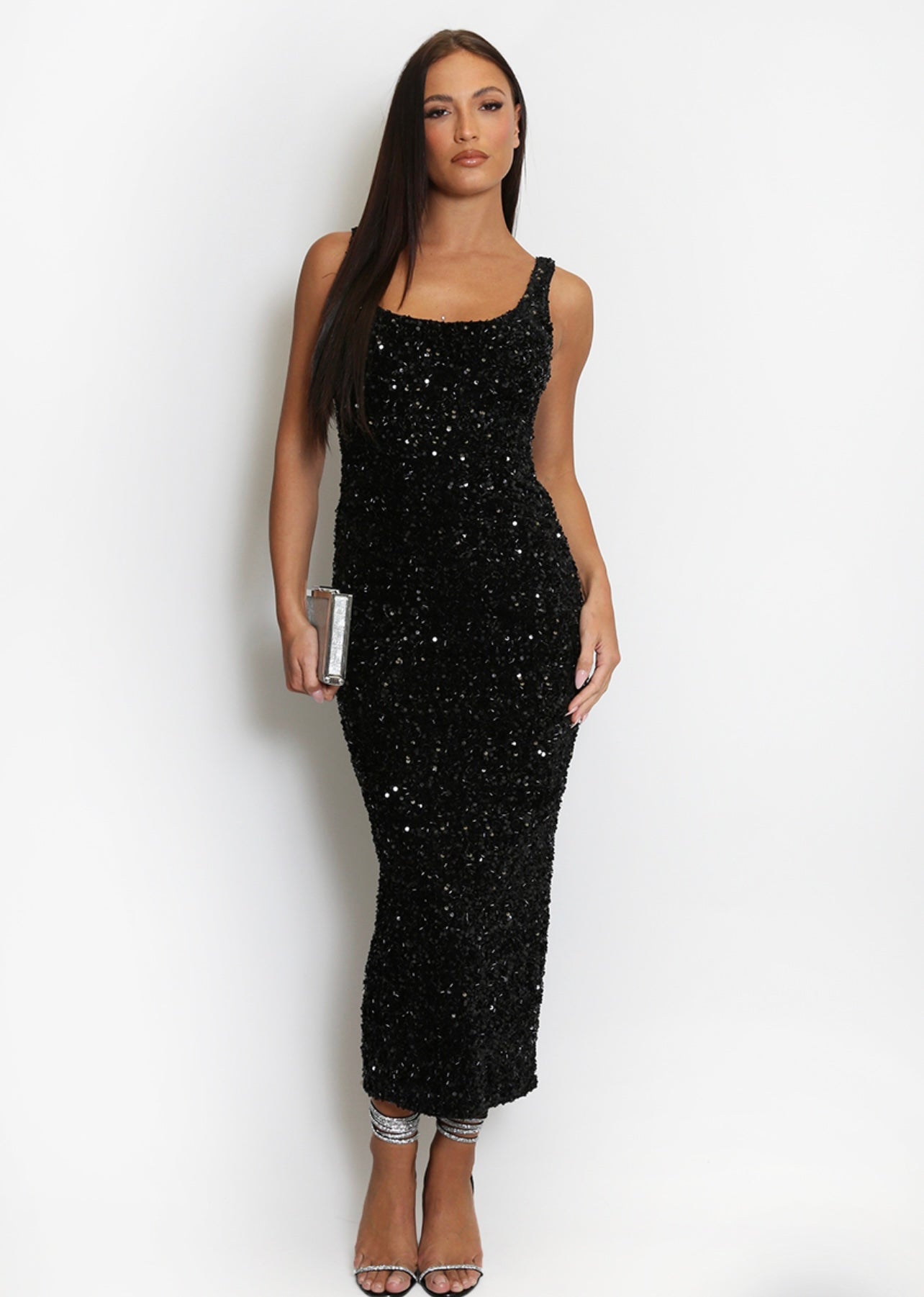 Black Sequin Square Neck Midi Dress