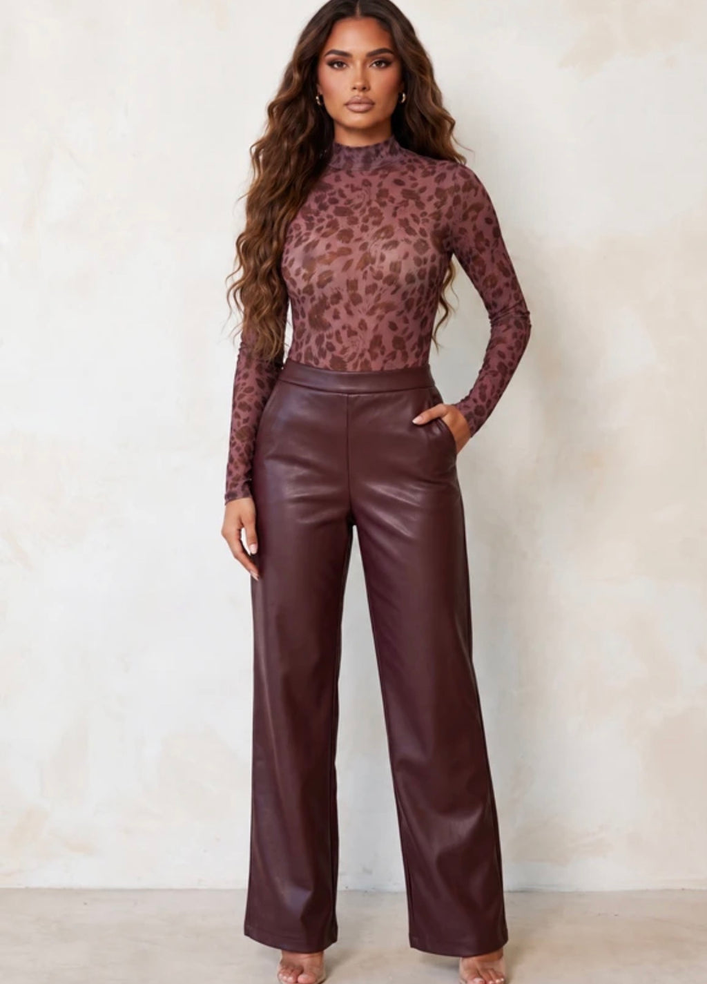Burgundy Leather Straight Leg Trousers