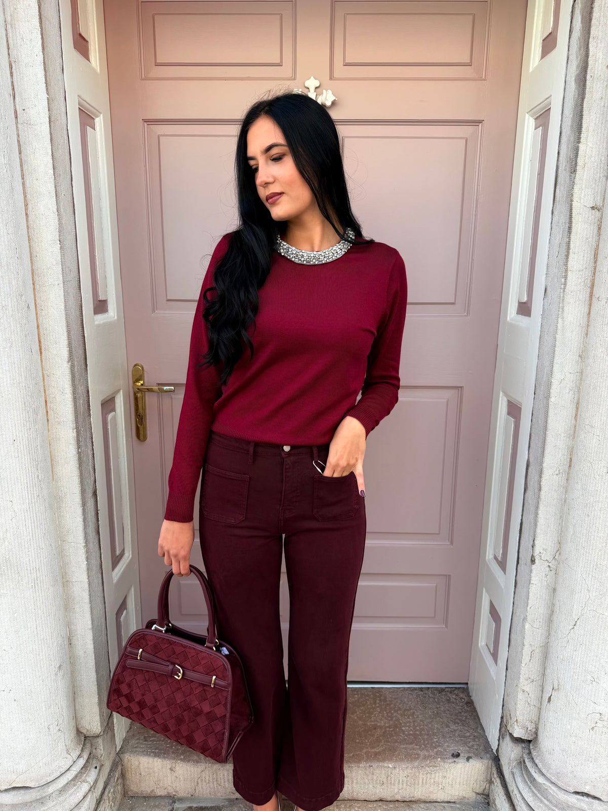 Burgundy Denim High Waist Flare Jeans