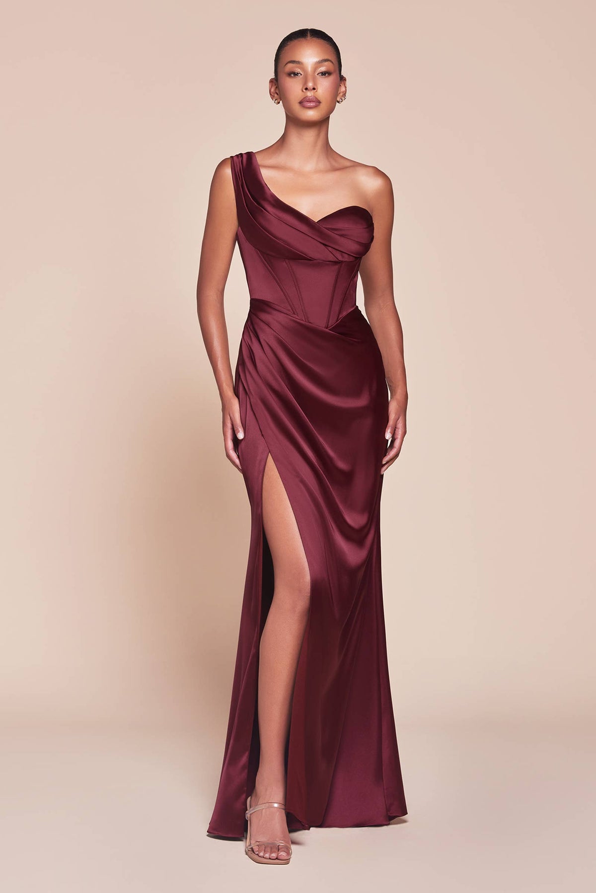 ONE SHOULDER SATIN CORSET GOWN
: Espresso / 10