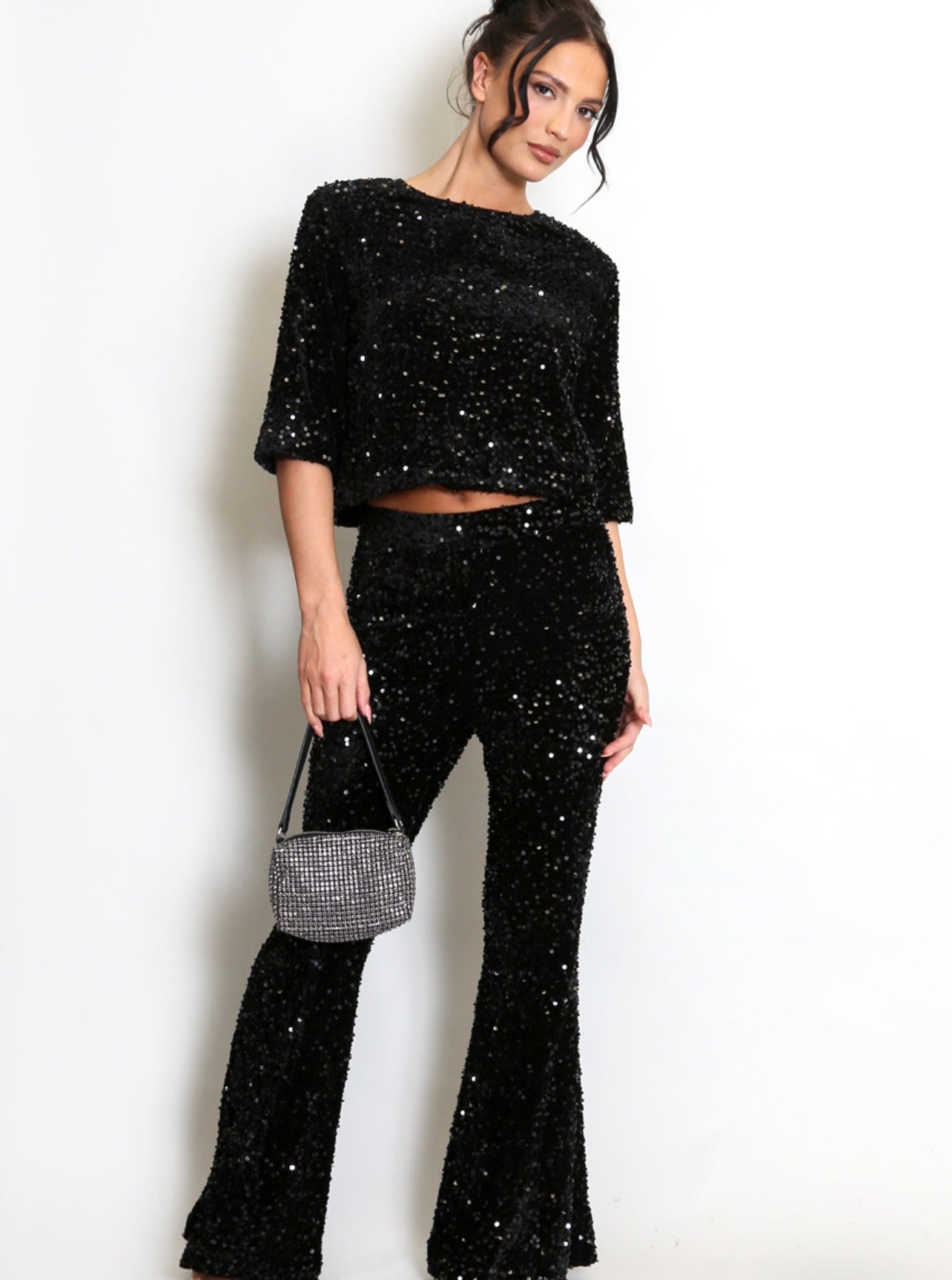 Black Sequin Flare Leg Trousers