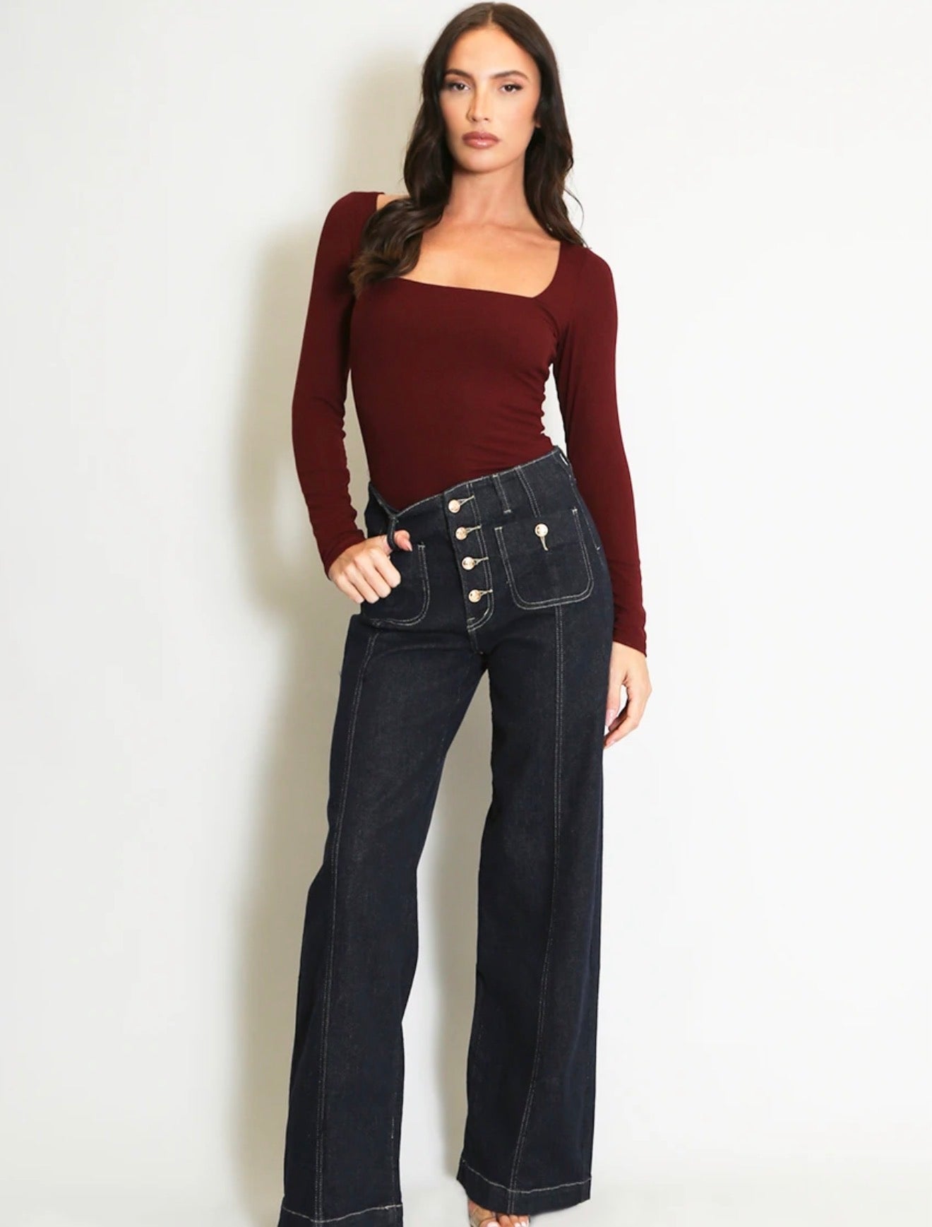 Burgundy Square Neck Long Sleeve Basic Top
