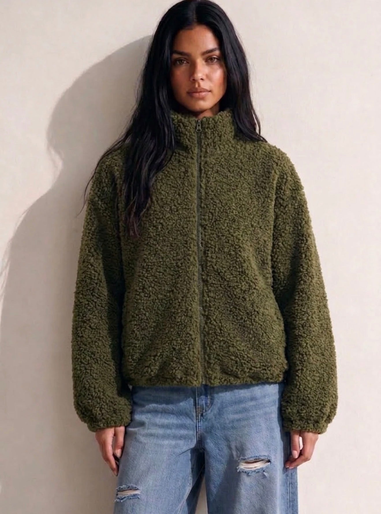 Khaki Borg Full Zip Fleece Jacket