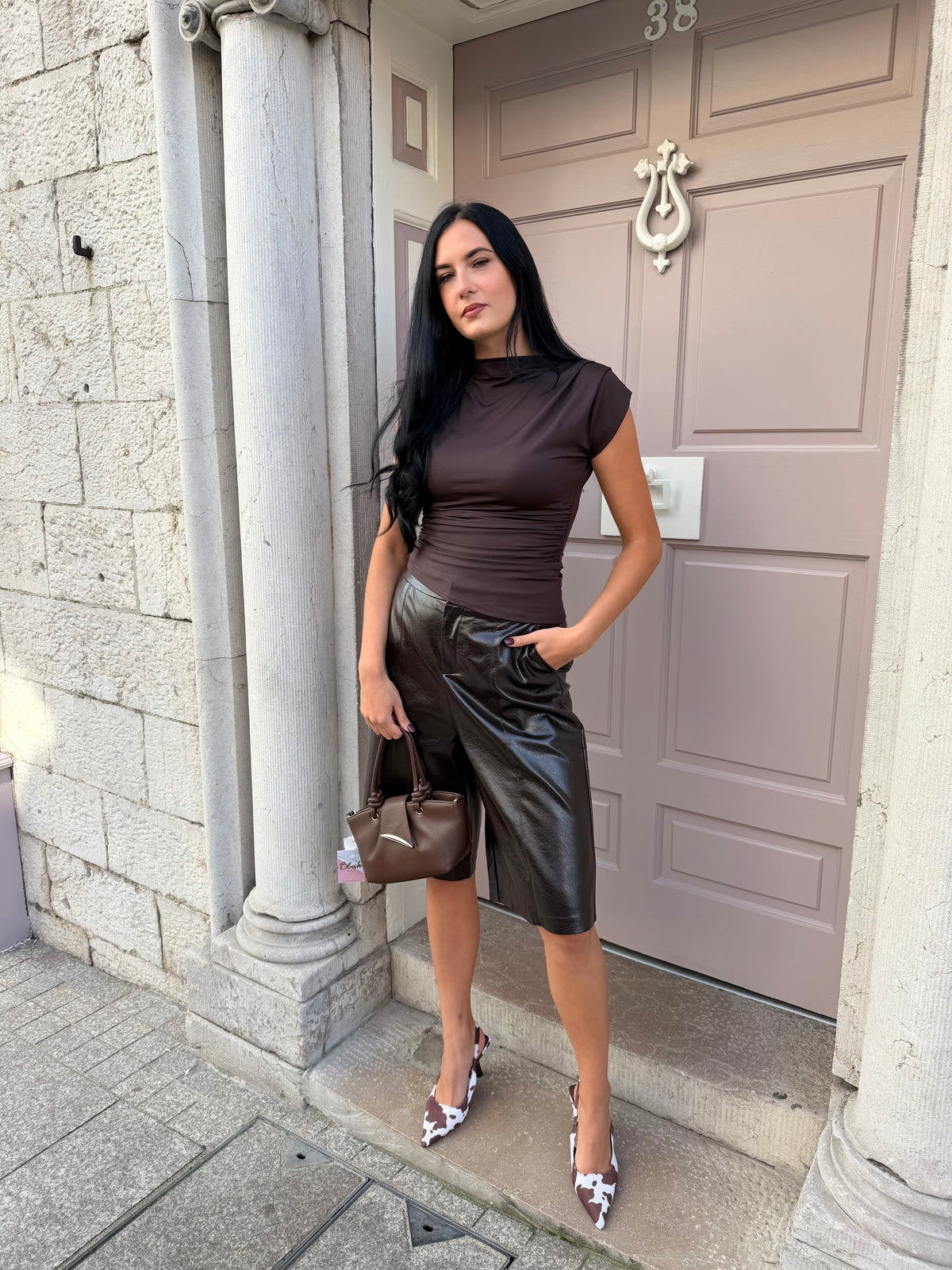 Brown PU Paneled Culottes
