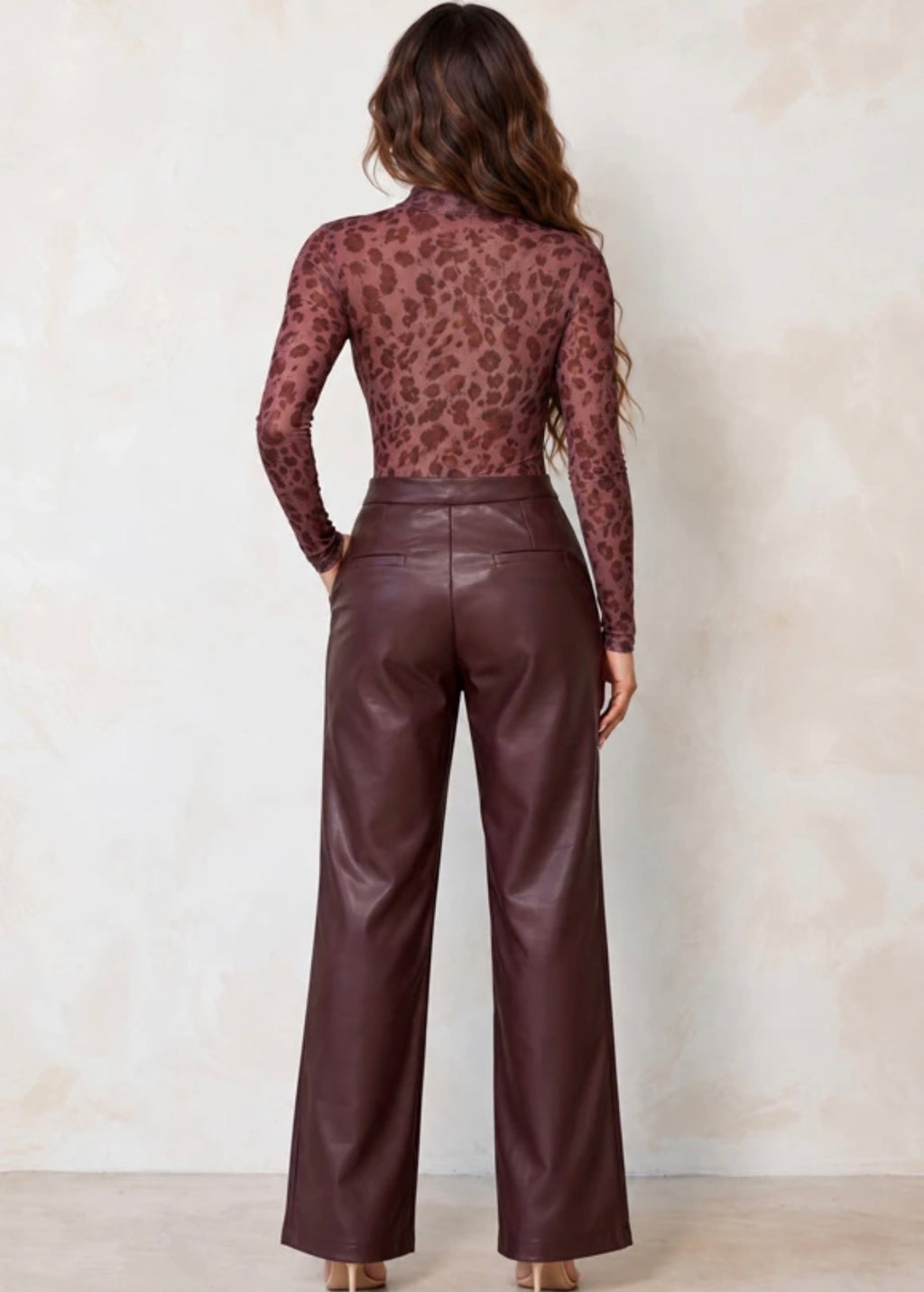 Burgundy Leather Straight Leg Trousers