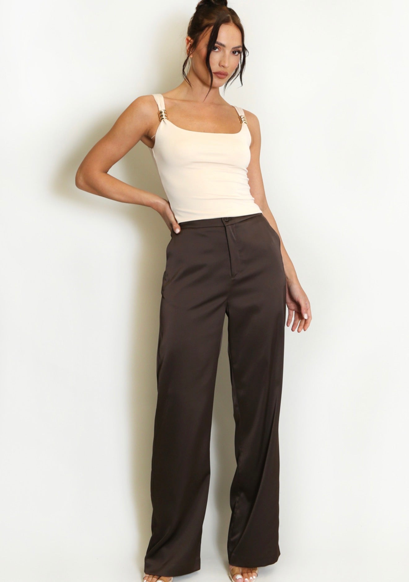 Beige Metal Detail Square Neck Top
