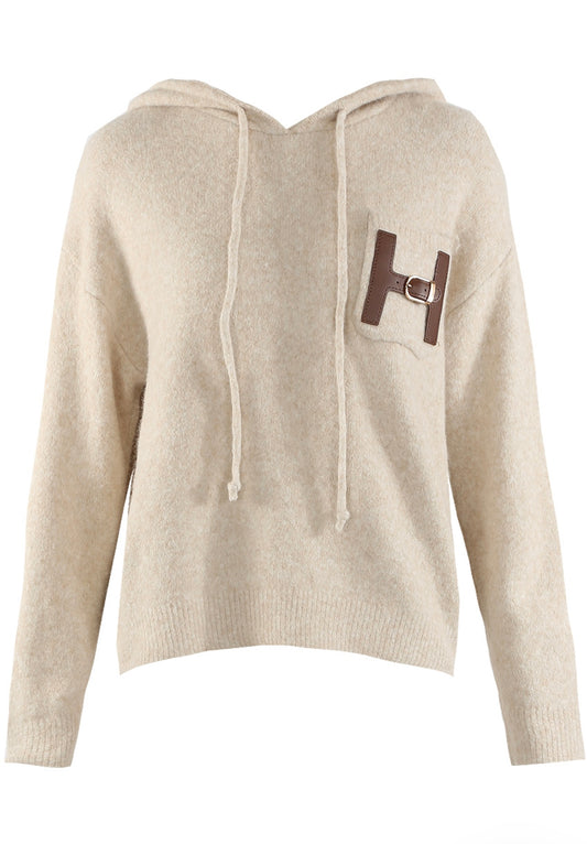 Beige H Motif Wool Blend Hooded Jumper