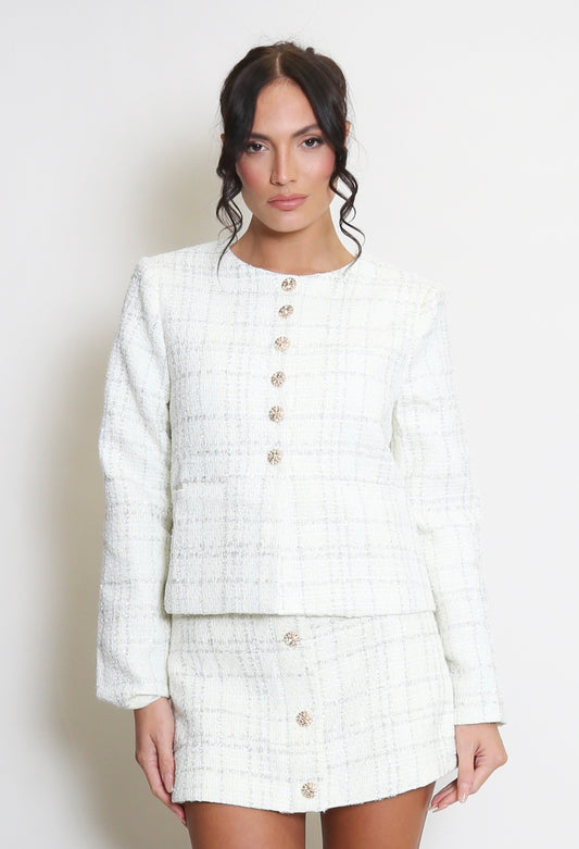 Tweed Half Button Collarless Blazer