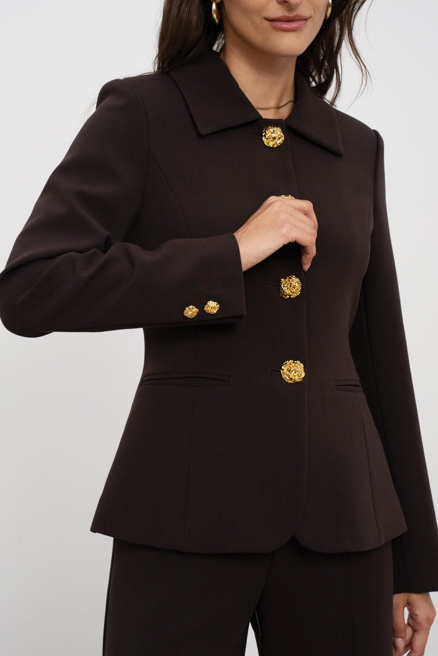 Coffee Embossed Button Tailored Blazer With Collar