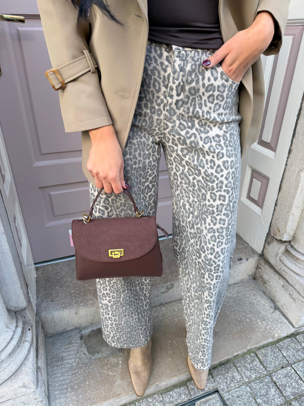 Suede And Pu Detail Handbag