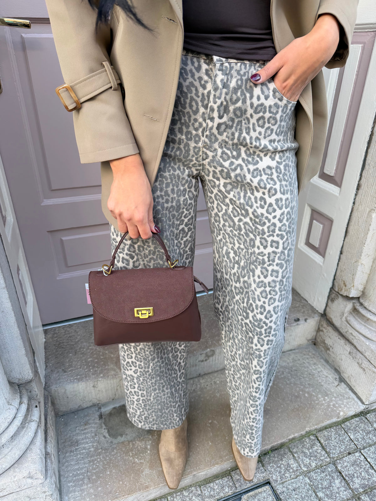 Suede And Pu Detail Handbag