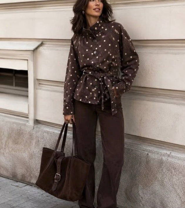 Brown Polka Dot Denim Tie Jacket