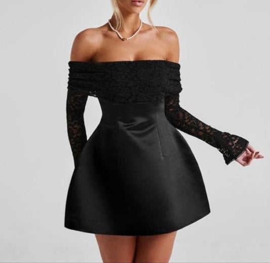 Black Off Shoulder Lace Mini Dress