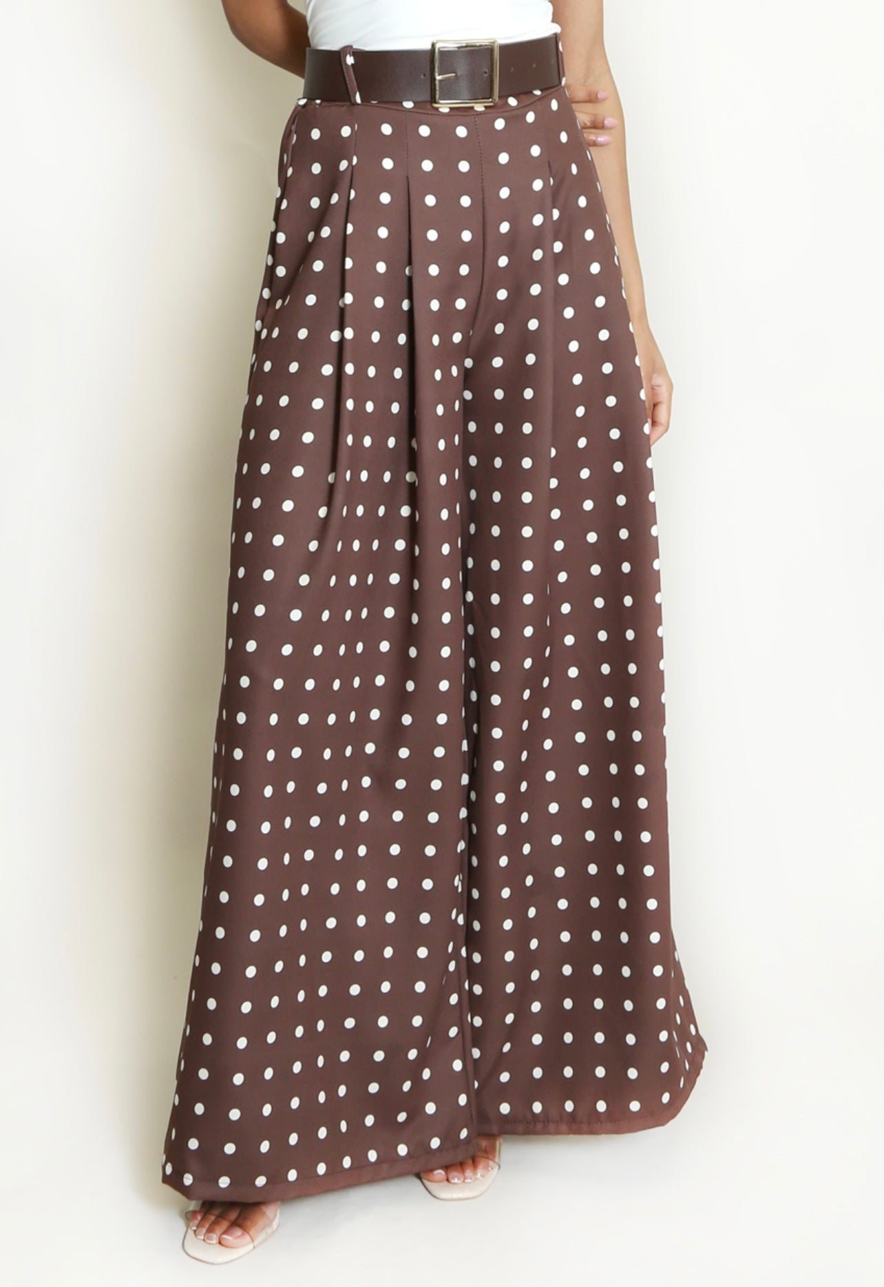 Brown Polka Dots Wide Leg Belted Trousers