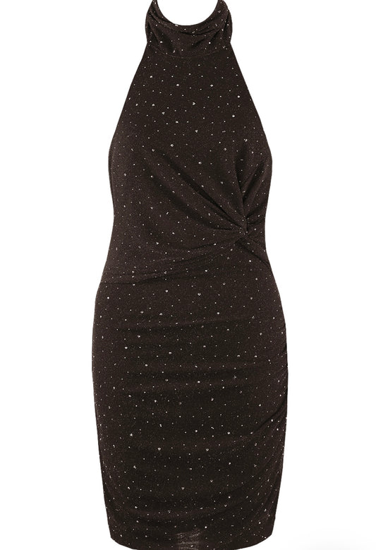 Brown Stud Embellished Halter Neck Mini Dress