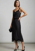 Black Satin Lace Hem Midi Skirt