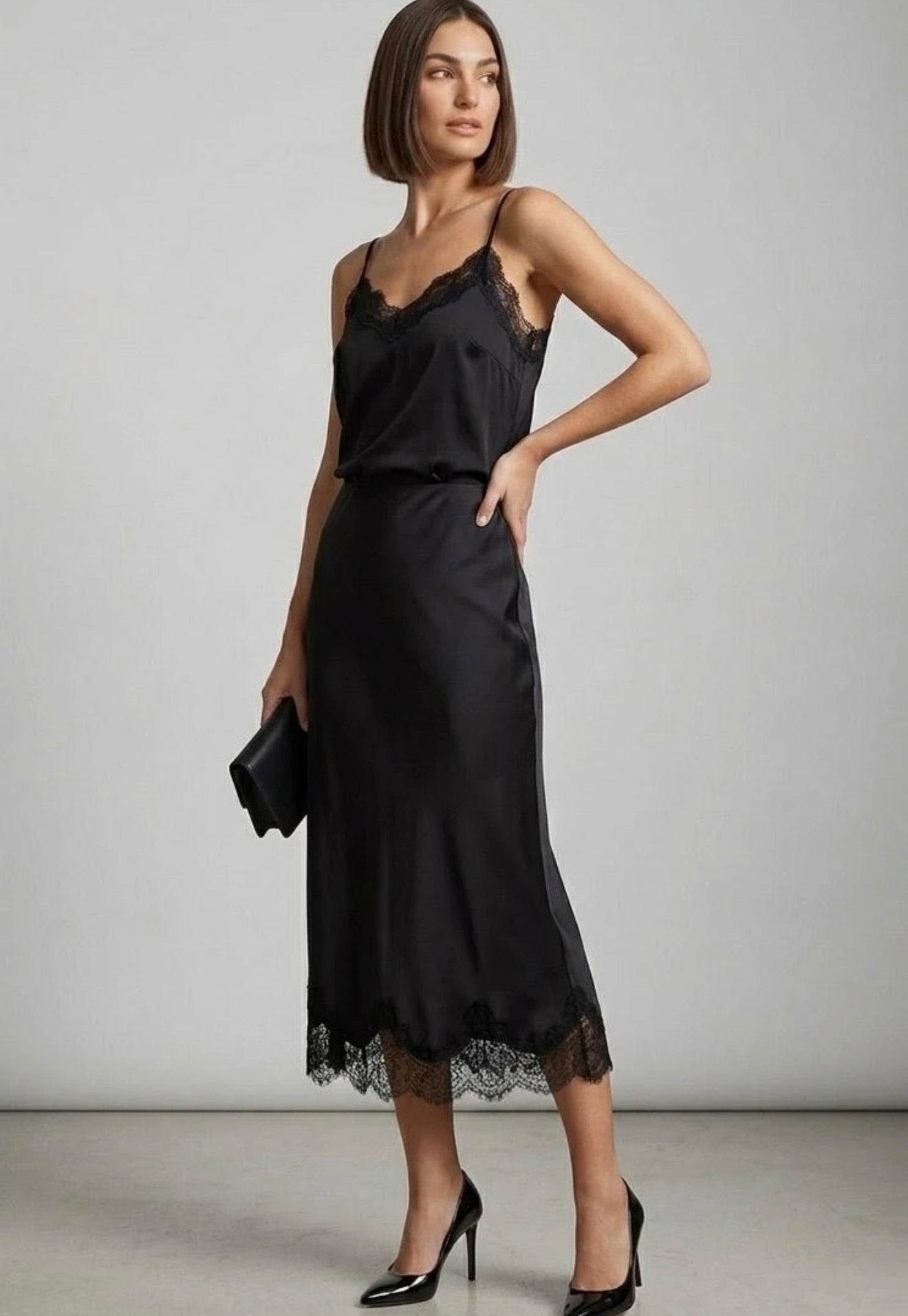 Black Satin Lace Hem Midi Skirt