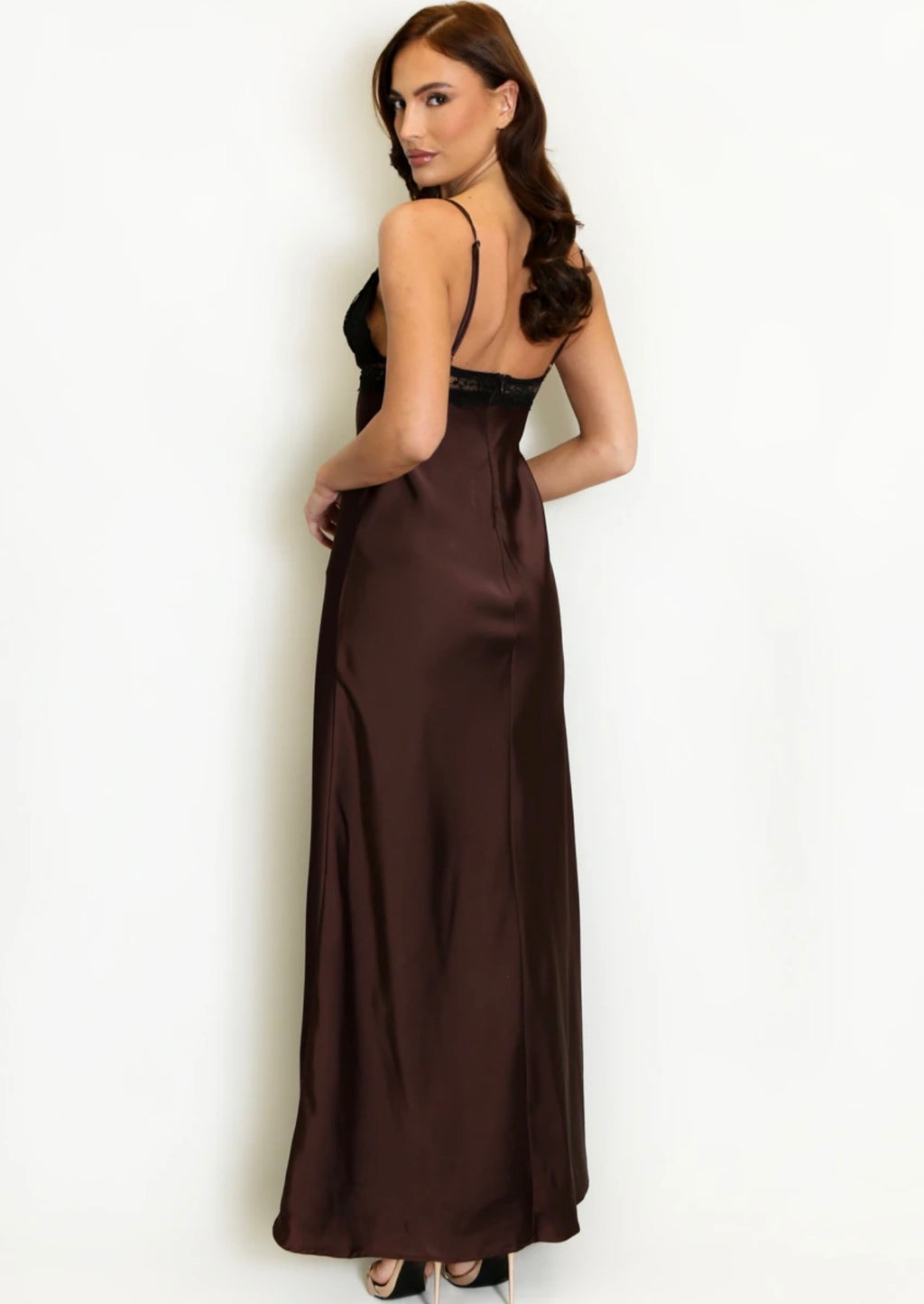 Brown Lace Bodice Satin Maxi Dress