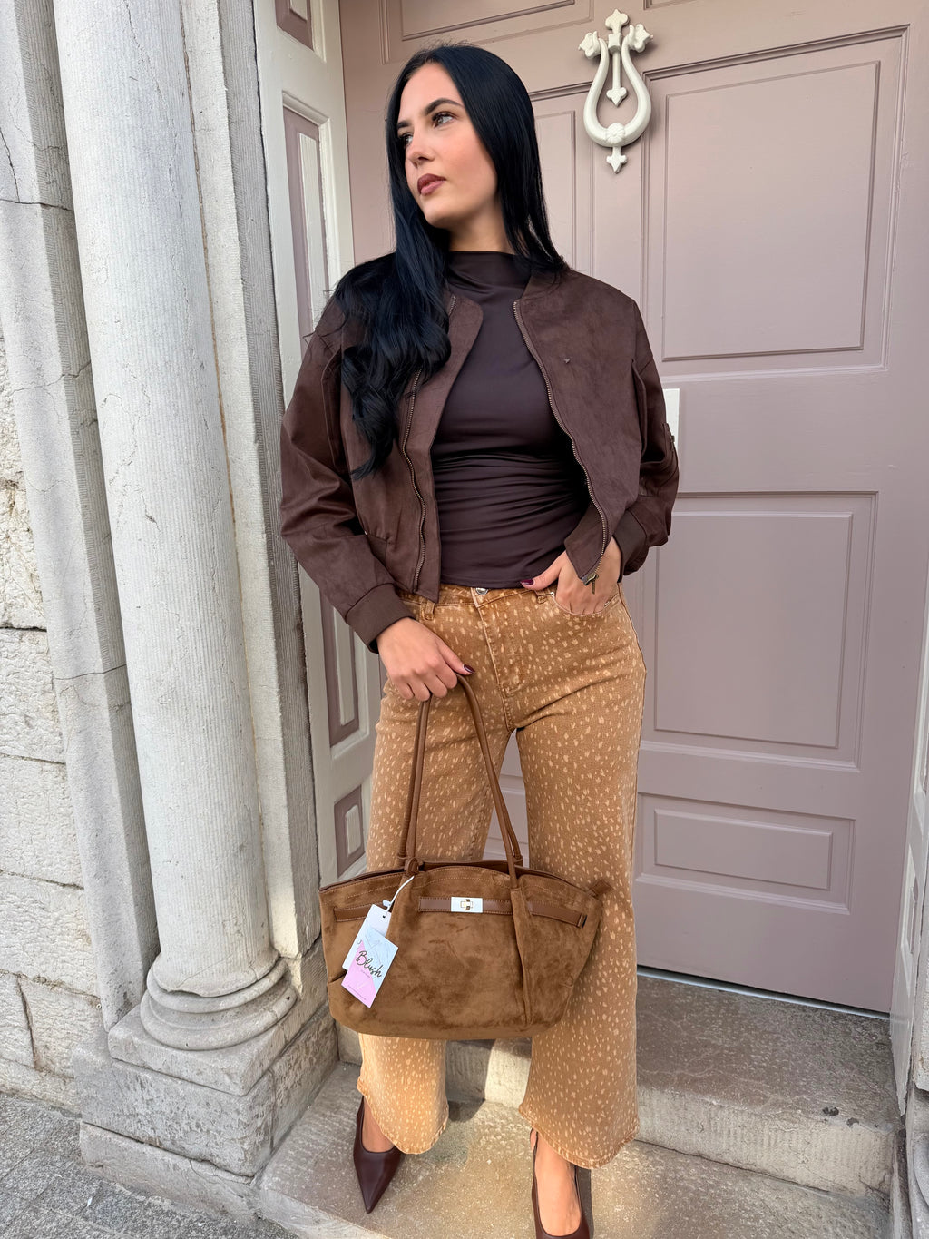 Camel Suede Look Belted Detail Shoulder Tote Bag