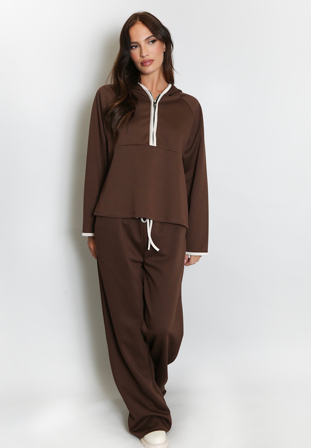 Brown Contrast Piping Hooded Sweatshirt And Jogger Set